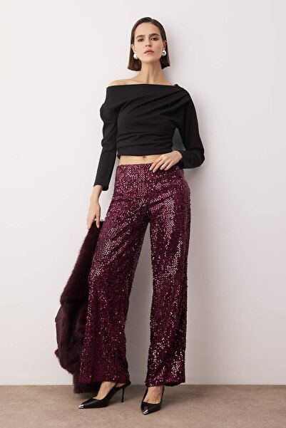 Trendyol Collection Plum Wide Leg /Wide Leg Knitted Sequin Stylish/Evening Pants Tpraw26Pl00005