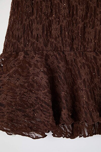 Trendyol Curve Σκούρο καφέ φούστα με βολάν πλεκτή δαντέλα Φούστα μεγάλου μεγέθους TBBAW26AZ00047