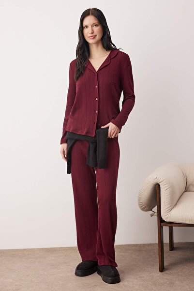 Trendyol Collection Burgundy Plain Ribbed Knit Pajama Set THMAW26PT00093