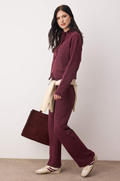 Trendyol Collection Burgundy Hooded Relaxed/Casual Fit Ribbed Elastic Waist Knitted Tracksuit Set Twoaw26Em00004