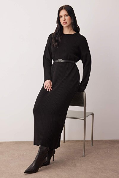 Trendyol Modest Black Belted Knitwear Ribana/ Ribbed Knit Dress Tctaw26Eb00056