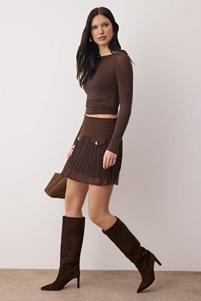 Trendyol Collection Brown Lined Pleated Woven Mini Chiffon Skirt Twoaw26Et00055