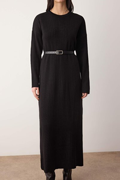 Trendyol Modest Black Belted Knitwear Ribana/ Ribbed Knit Dress Tctaw26Eb00056