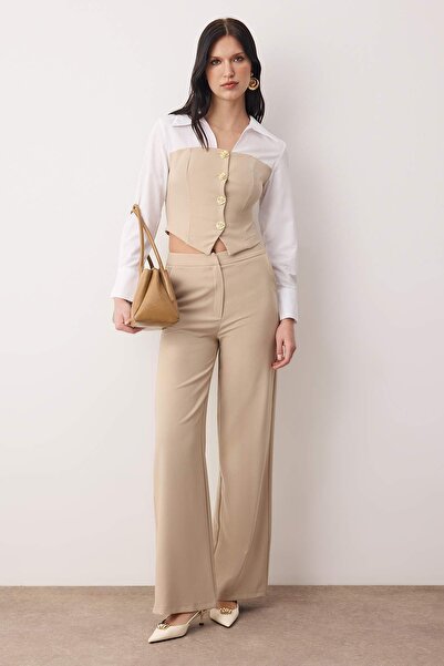 Trendyol Collection Beige Shirt Detailed Buttoned Woven Bottom - Top Set Twoaw26Au00144