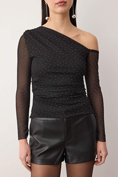 Trendyol Collection Black Glitter Stone Printed Asymmetric Collar Knitted Party Blouse Tpraw26Bz00061