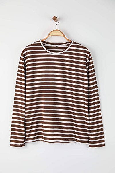 Trendyol Curve Brown Striped Regular/Normal Fit Basic Crew Neck Knitted T-Shirt Tbbaw26Bf00003