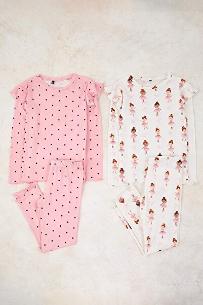 TRENDYOLKIDS 4-teiliges Pyjama-Set für Mädchen in Powder-Ecru