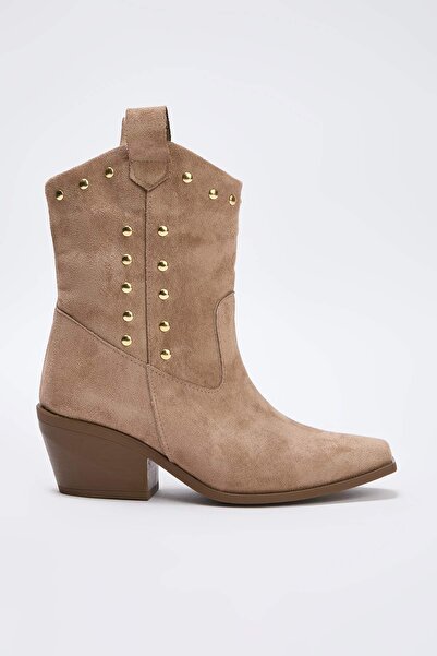 TRENDYOL SHOES Mink Suede Trok Detailed Pointed Toe Block Heeled Women's Boots Takaw26Bo00073