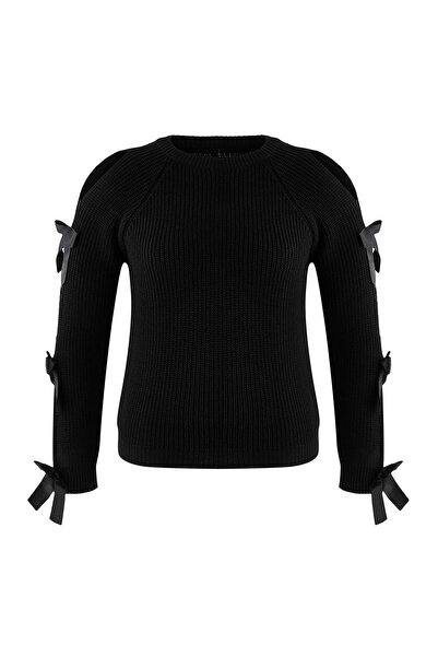 Trendyol Curve Pulover tricotat cu mâneci negre cu detaliu cu fundă cu panglică TBBAW26AN00075