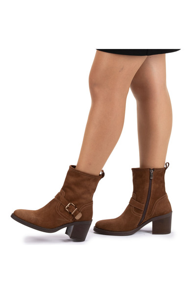 TwoEgoist Kadın Hakiki Deri 7.5 cm Topuklu El Yapımı Tokalı Günlük Şık Bot - Süet Taba