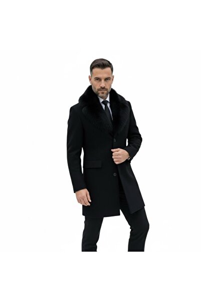 Plus Scorpion Ανδρικό μακρύ παλτό – αποσπώμενο γούνινο γιακά, με επένδυση και τσέπες εφαρμοστό Παλτό (Μπεζ,