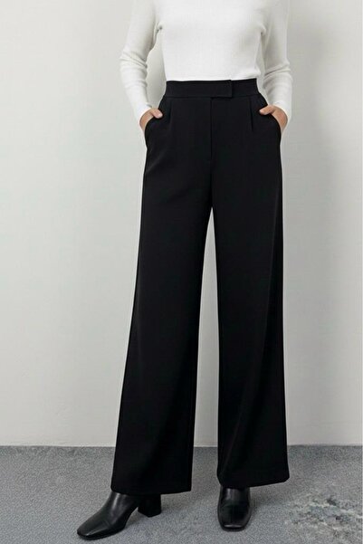 FİT WOMEN Kadın Likralı Cırt Kapamalı Siyah Palazzo Pantolon