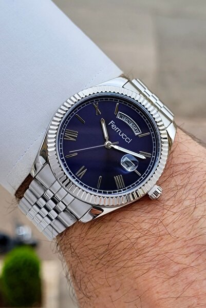 Ferrucci Kadranı Lacivert Kordonu Silver Renk 24 Ay Garantili 41 mm Göstergel...