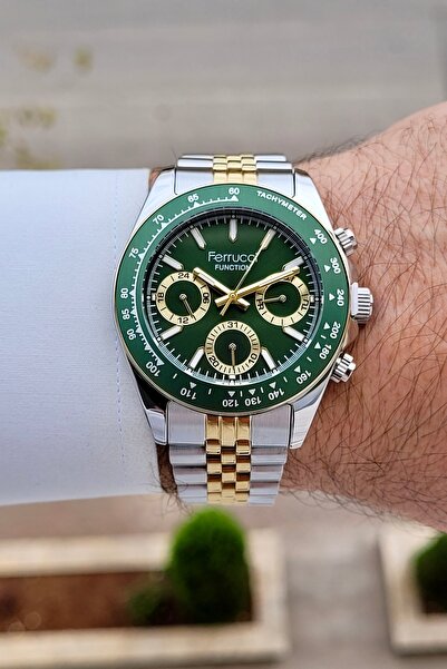 Ferrucci Kadranı Yeşil Kordonu Altın Metalik Renk 2 Yıl Garantili 42 mm Göste...