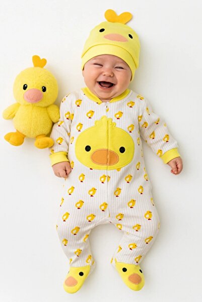 DEFNE LİNA BABY Baby Girl Boy Chick Jumpsuit 2 Pieces with Hat Not Include Toy Set of 2 Suits Cotton