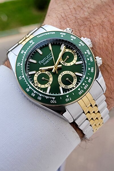 Ferrucci Kadranı Yeşil Kordonu Gold Gri Renk Ayarlanabilir Kordonlu 42 mm Fon...