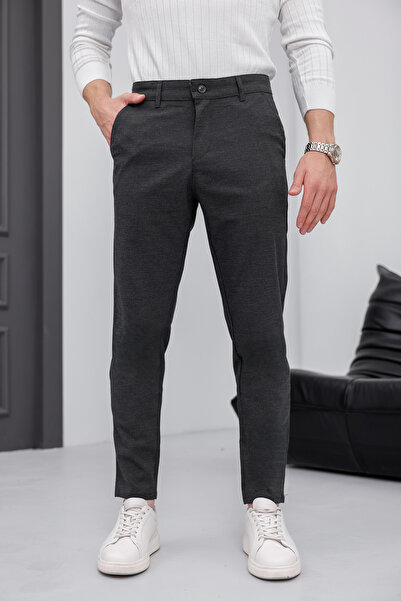MODAMESTO Ανδρικό παντελόνι εφαρμοστό ανθρακί ελαστικό ύφασμα λινό