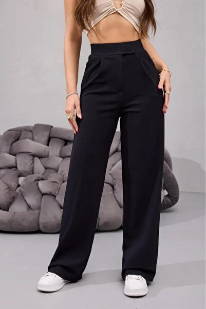 FİT WOMEN Kadın Likralı Cırt Kapamalı Siyah Palazzo Pantolon
