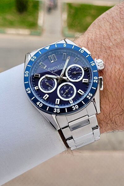 Ferrucci Kadranı Lacivert Kordonu Gümüş Renk 43 mm İç Göstergeleri Aktif Erkek Kol Saati