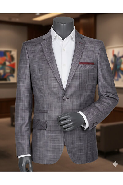 OSCAR BANKS Erkek Dark Gri Bordo Ekose Desenli ceket |Viskon Karışım Kumaş