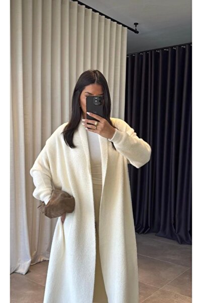 LUMİ Cardigan lung din pluș cu textura moale pentru femei Ecru supradimensionat