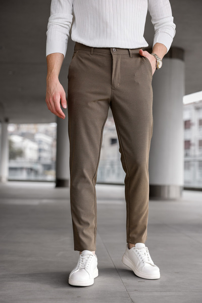 Ser Joven Ανδρικό εφαρμοστό Καφέ ελαστικό ύφασμα Λινό Παντελόνι
