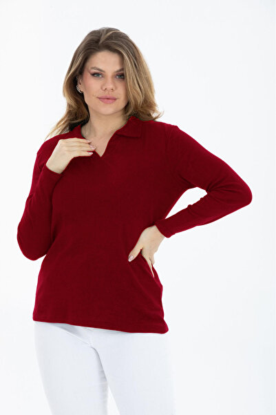 BANEGA Plus Size Curve V-Neck Lycra Cotton Long Sleeve Claret Red Blouse