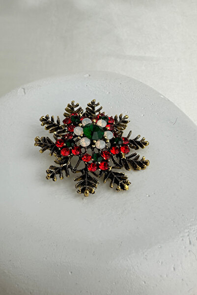 Modex Yılbaşı Özel Taşlı Altın Rengi Kar Tanesi Broş (4cm)