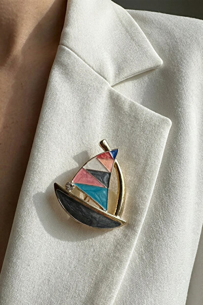 Modex Altın Sarısı Renkli Yelkenli Tasarımlı Broş (4cm)