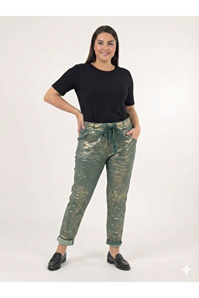 della moor Women's Green Italian Varaklı Shiny Pattern Stretch Fabric Trousers