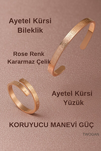 TWOGAN Ayetel Kürsi Çelik Bileklik ve Ayetel Kürsi Çelik Yüzük, Rose Renk, Takım