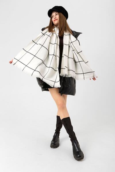 Saria Moda Μαλακό γυναικείο σάλι τετράγωνο σχέδιο εκρού 70x180