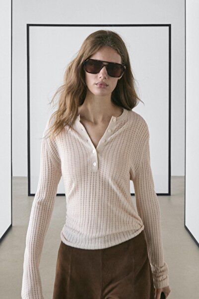 Massimo Dutti Yünlü ajurlu düğmeli yaka triko kazak