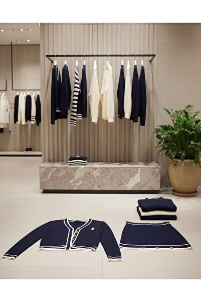 YusGos Women's Striped Knitwear Cardigan Pleated Mini Skirt College Top and Bottom Set Navy Blue