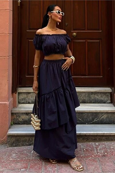 shopivastore Gathered Crop Fold Detailed Ruffle Skirt Suit 10196