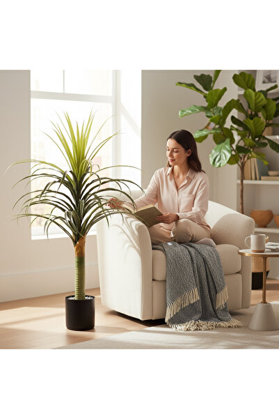 YAPAY ÇİÇEKÇİNİZ Taş Detaylı Siyah Renkli Saksıda 110 cm Yapay Yuka Dragon Ağacı