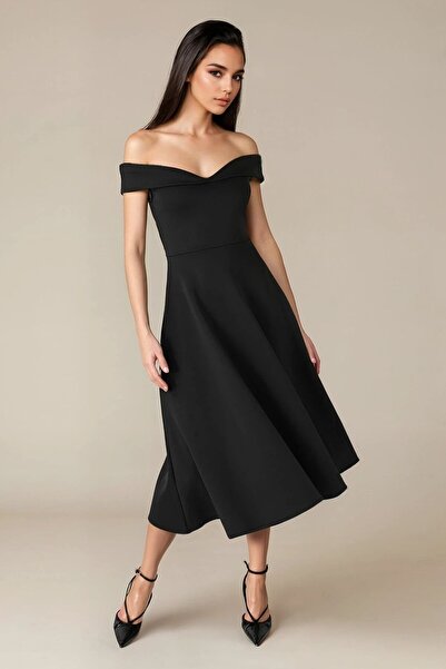 OLSAMODA ROchie midi pentru femei, cu gât MADONNA, din țesătură lycra evazată