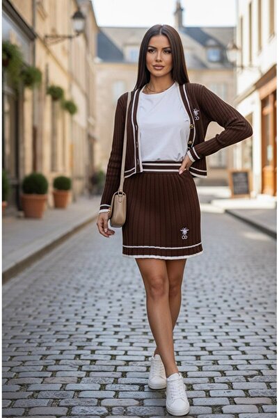 YusGos Women's Striped Knitwear Cardigan Pleated Mini Skirt College Bottom Top Set Brown XS