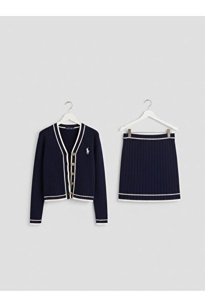 YusGos Women's Striped Knitwear Cardigan Pleated Mini Skirt College Top and Bottom Set Navy Blue