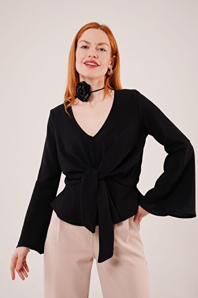 ALPACO    Front Tie Flywheel Sleeve Black Blouse