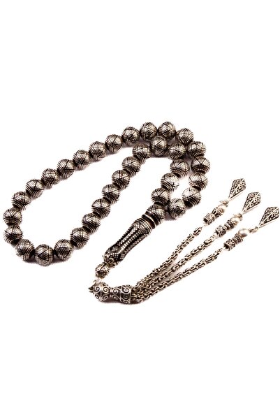 Burhan Sağlam Özel Seri Usta İşi  İşlemeli Küre Kesim 10x10 mm Kuka Gümüş  Püsküllü Tesbih