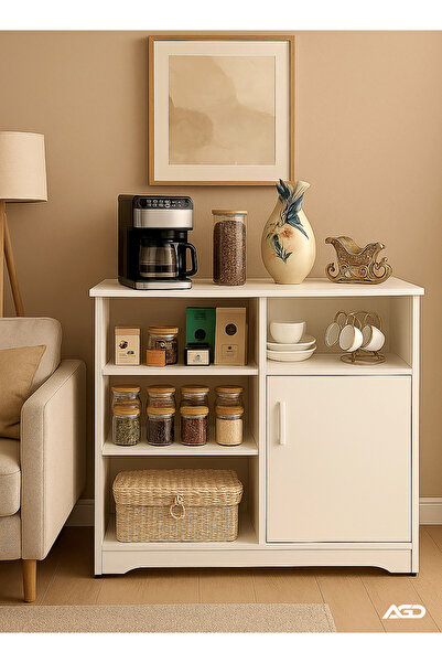 AGD خزانة القهوة مع سعة تخزين كبيرة لغرفة المعيشة والمدخل والمكتب باب وأرفف مفتوحة 80*40*90 سم / أبيض