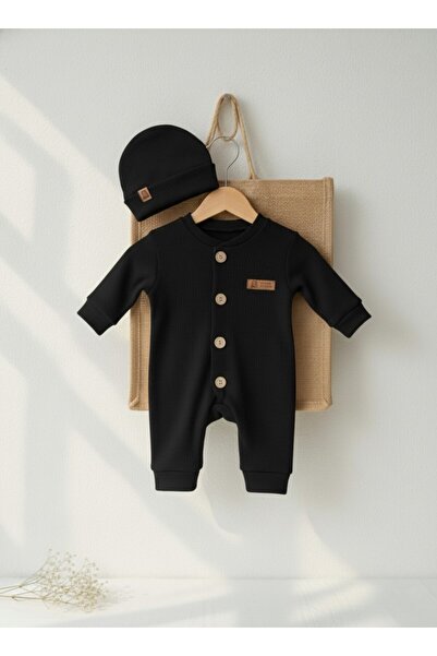 DUDO GİYİM طقم رومبير قطني للأطفال قماش مجدّل - طقم رومبير مع قبعة بأزرار خشبية