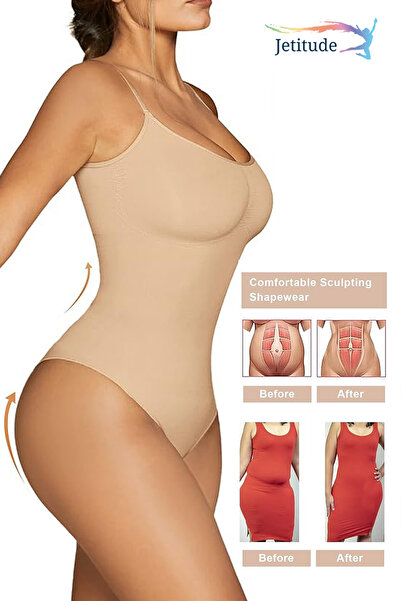 Jetitude Compression Shaping Bodysuit, Breathable Elastic Material, Adjustable Straps, Beige Tanga