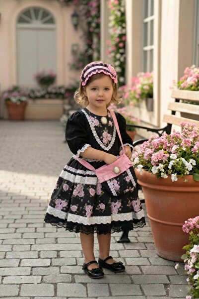 HÇ Hülya Çelik KİDSWEAR 2018 Rochie neagră cu flori pentru fetiță