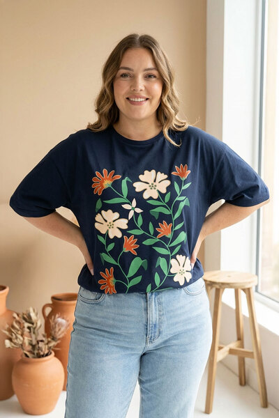 Stil Diva Plus Size Crew Neck Short Sleeve Floral Print T-Shirt 304198