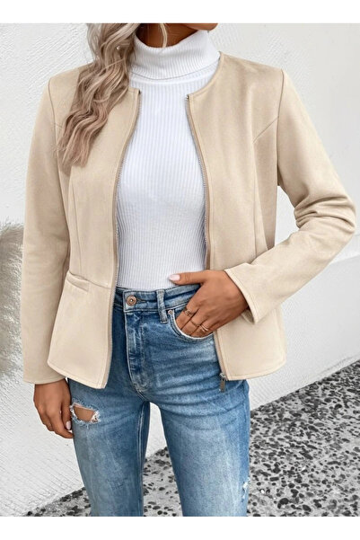 Moda Ebrar Women's Long Sleeve Round Neck Front Zipper Suede Jacket