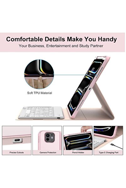 HYX iPad Pro 13 inch Case 2024 with Keyboard, Smart Folio Leather Cover, Pink