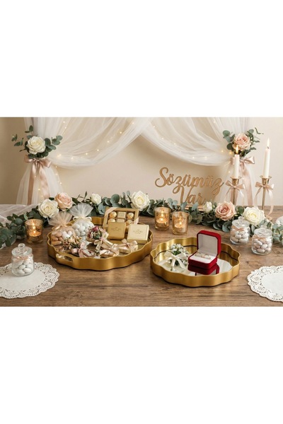 YAVUZHAN Aynalı 2’li Gold Lüks Papatya sunum, söz, nişan Tepsisi (35 ve 40 cm)
