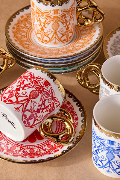 Perotti Cihangir 6-Person Porcelain Colored Motif Coffee Cup Set